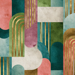mid-century abstract pattern with watercolor textures and art deco lines