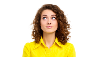Young Woman with Curly Brown Hair Looking Up with Thoughtful Expression, cut out transparent