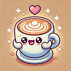 Kawaii coffee cup with latte art and happy face holding saucer. Cute cartoon style hot drink with sparkles and pink heart on beige background.