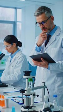 vertical,Male scientist analyzing data on digital tablet while female colleague works with microscope in laboratory. Studio shot of professionals in scientific research facility. Biotechnology and cli
