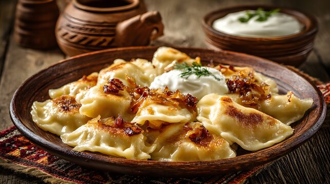 Delicious homemade pierogi recipe with sour cream and fried onions for a traditional polish dish experience