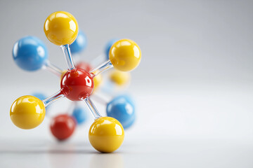 Colorful molecular structure with blue, yellow, and red spheres representing atoms