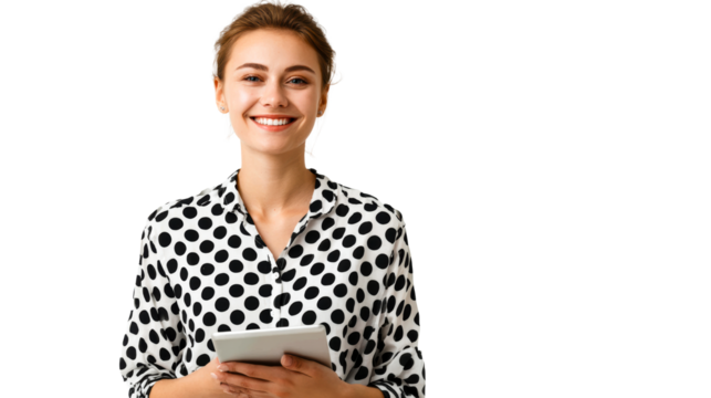 Smiling young woman with brown hair holding tablet device in studio, cut out transparent