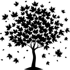 Maple Tree with Falling Leaves Silhouette