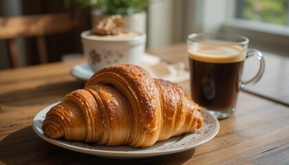 Croissant on plate and a glass of coffee in the morning