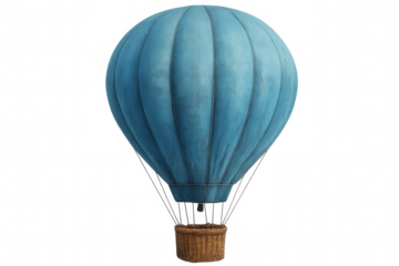 Blue hot air balloon with wicker basket floating against transparent background, ideal for travel and adventure concepts