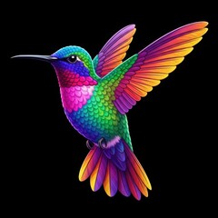 Fototapeta premium Vibrant rainbow hummingbird in flight against a black background