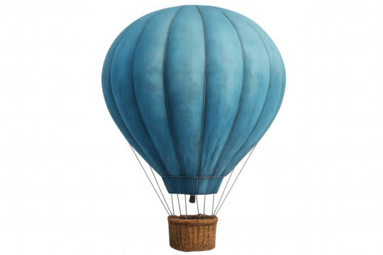 Blue hot air balloon with wicker basket floating against transparent background, ideal for travel and adventure concepts
