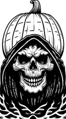 Fototapeta premium SVG of a Halloween-themed Grim Reaper with a skeletal figure. Sinister Skull with Pumpkin and Cloak for Halloween Themed Decor