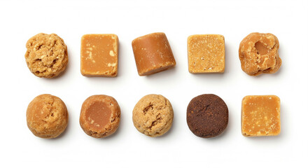 multiple shades of premium jaggery combined top view and front view isolated on white background for graphic design and culinary visuals