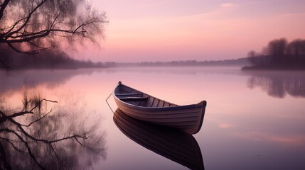 Obraz premium Serene Rowboat Reflections: A tranquil scene unfolds as a lone rowboat drifts gently on a still lake at dusk, its reflection mirrored in the smooth water, painting a picture of peace and solitude.