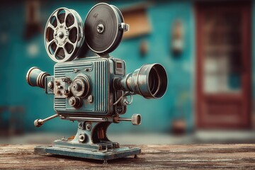 Naklejka premium Weathered vintage movie camera on wood