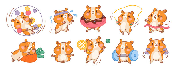 Obraz premium Cute hamster character. Kawaii little pet, funny kids mascot in different actions and poses, sporting animal, big cheeks, domestic rodent stickers, garish vector cartoon isolated set