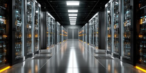 Dark server room, rows of racks, bright lights