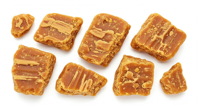 broken premium jaggery pieces scattered on white background for graphic design and culinary visuals