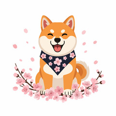 A cheerful Shiba Inu dog wears a sakura bandana, surrounded by beautiful cherry blossom branches and falling petals