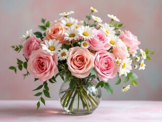 Obraz premium Beautiful bouquet of pink roses and daisies in a glass vase