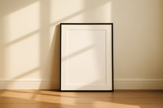 Blank vertical picture frame with a black border, leaning against a wall on a wooden floor. Mockup for art, photo, or poster display.