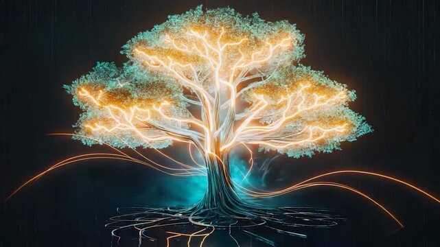 Neon tree of life in dark background