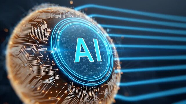 
An AI logo in blue and silver on a dark background with circuit board patterns, in a digital art style with a futuristic feel, featuring glowing light effects 