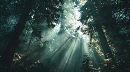 Obraz premium Sunbeams Through Redwood Forest