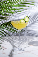 Enjoy cucumber gimlet cocktail drink with gin, syrup, lime juice and cucumber wheels. Marble table in elegant lounge with palm leaves