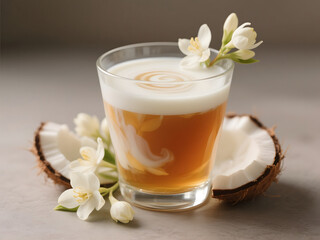 Elegant coconut and jasmine flower latte with creamy milk foam swirl, served in a clear glass and surrounded by fresh coconut pieces and delicate white blossoms on a light background