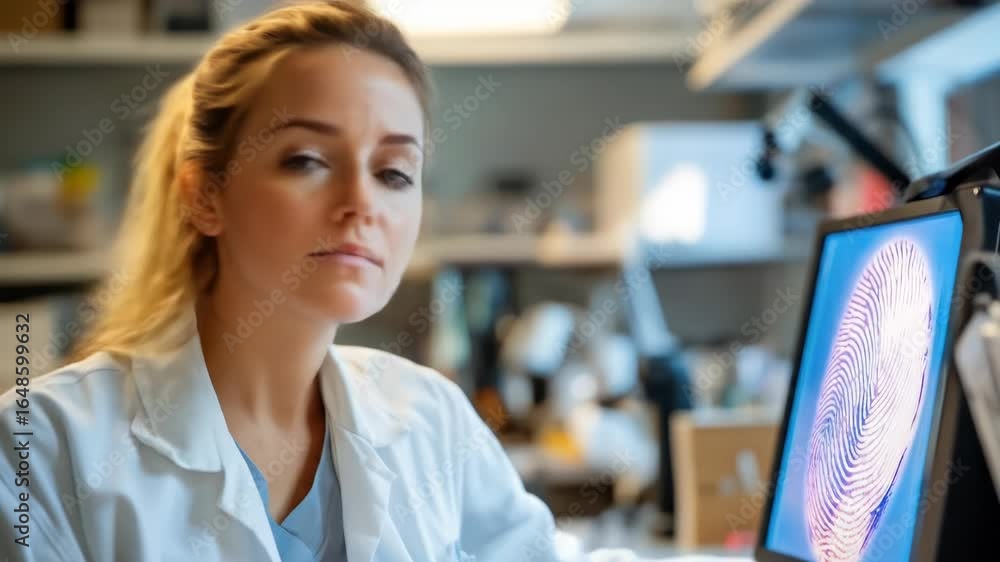 Aufkleber dedicated scientist analyzing fingerprint biometrics on screen in modern laboratory environment