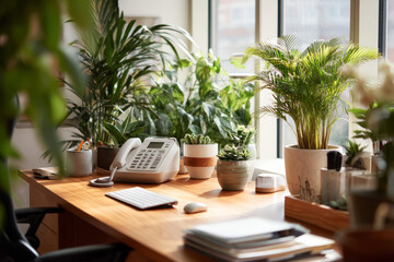 A quiet office with plants and soft daylight An AI voice assistant answers incoming calls and routes them to the right person