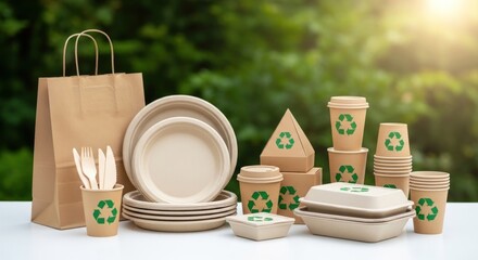 Ecofriendly biodegradable disposable tableware, including plates, cups, containers, and paper bags, promoting sustainability and environmental consciousness for food and drink packaging