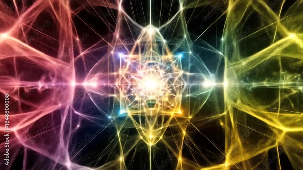 Poster intricate geometric abstraction with symmetrical shapes and radiant light on dark backdrop artistic 