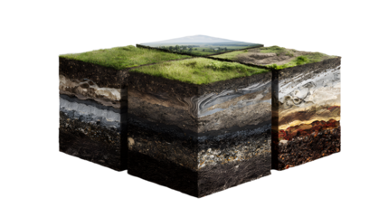 Four quadrants showing cross-sections of earth layers, from grass-covered topsoil to sub-surface formations