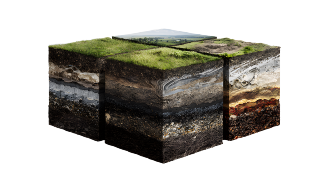 Four quadrants showing cross-sections of earth layers, from grass-covered topsoil to sub-surface formations