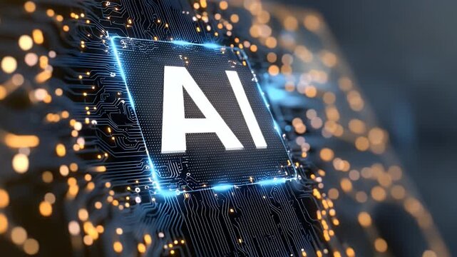 
An AI logo in blue and silver on a dark background with circuit board patterns, in a digital art style with a futuristic feel, featuring glowing light effects 