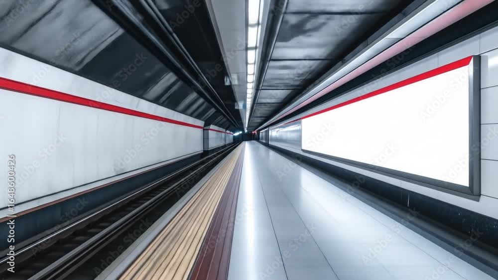Poster empty subway station platform with white advertising billboard and red line in gray tunnel with pers