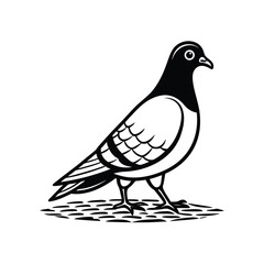 Elegant line art illustration of a pigeon gracefully walking on a textured cobblestone path on a clean white background