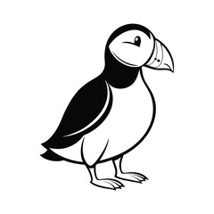 Clean line art illustration of a puffin standing upright on a pure white background