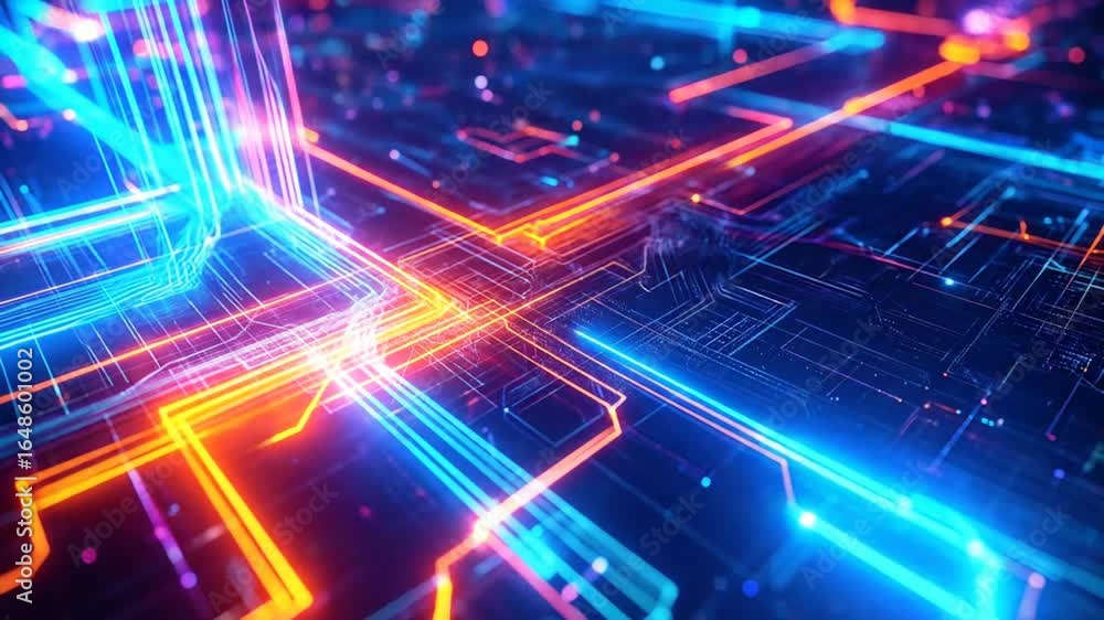 Poster abstract technology network with glowing blue and orange lines on a dark background showing digital 