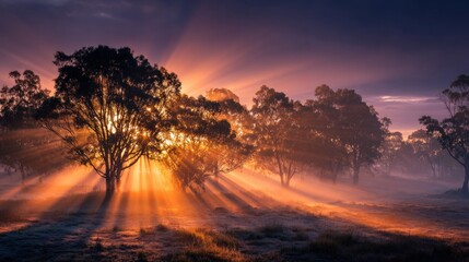 Obraz premium Sunrise Rays Illuminating Misty Trees
