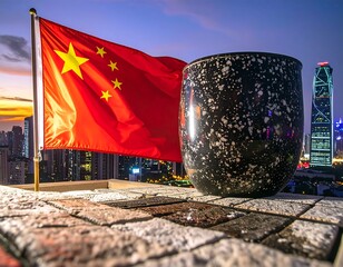City skyline at twilight with Chinese flag and mug
