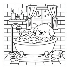 Cozy Dog Bath Time at Night – Coloring Sheet