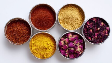 Fototapeta premium Colorful collection of spices and herbs in metal containers, ideal for culinary and health-related projects.