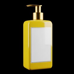 Fototapeta premium Bright yellow dispenser bottle with white label and gold pump