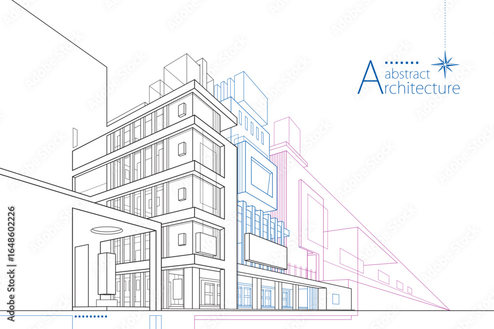 Poster 3d illustration abstract urban building out-line drawing of imagination architecture building constr