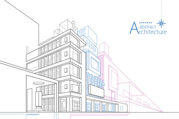 3D illustration abstract urban building out-line drawing of imagination architecture building construction design.