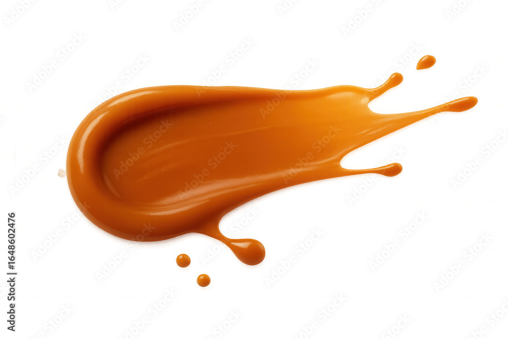 Poster sweet caramel sauce flowing and splashing on transparent background, creating a dynamic and visually