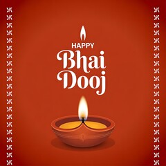 Happy bhai dooj festival greeting with glowing diya and decorative border