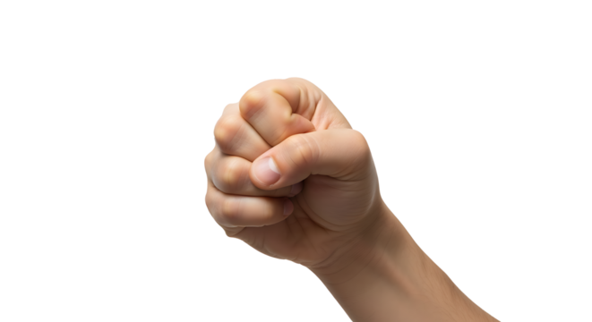 Transparent PNG of a Clenched Fist, A Detailed Close-up of a Human Hand Tightly Clenched into a Fist Against a Transparent Background, Ideal for Graphic Design Projects and Digital Compositions - Powered by Adobe
