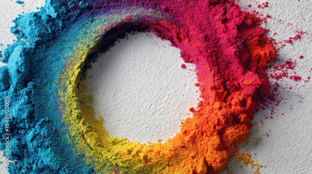 Poster colorful powder pigments arranged in a circular pattern creating vibrant visual art on a white surfa