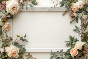 Wedding invitation or bridal shower invitation, white wooden frame decorated with flowers, blank space for a text
